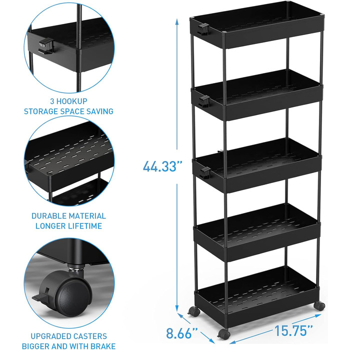 Полка с 5 уровнями на колёсиках, 113 x 40 x 22 см, черная SPACEKEEPER