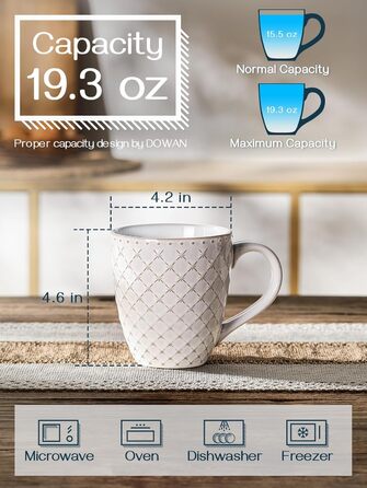 Набор кофейных кружек, 6 x 560 мл Кофейные кружки Фарфор, Большие кружки с тисненым рисунком в стиле кантри для кофе, молока, чая и какао, Набор кружек Реактивный белый