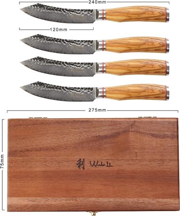 Набор из 4 дамасских ножей для стейка с рукоятками из оливкового дерева 12,5 см Wakoli Exclusive
