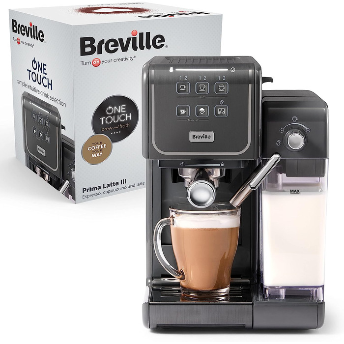 Кофемашина на 2 чашки с насадкой для вспенивания молока Breville Prima Latte III, черная